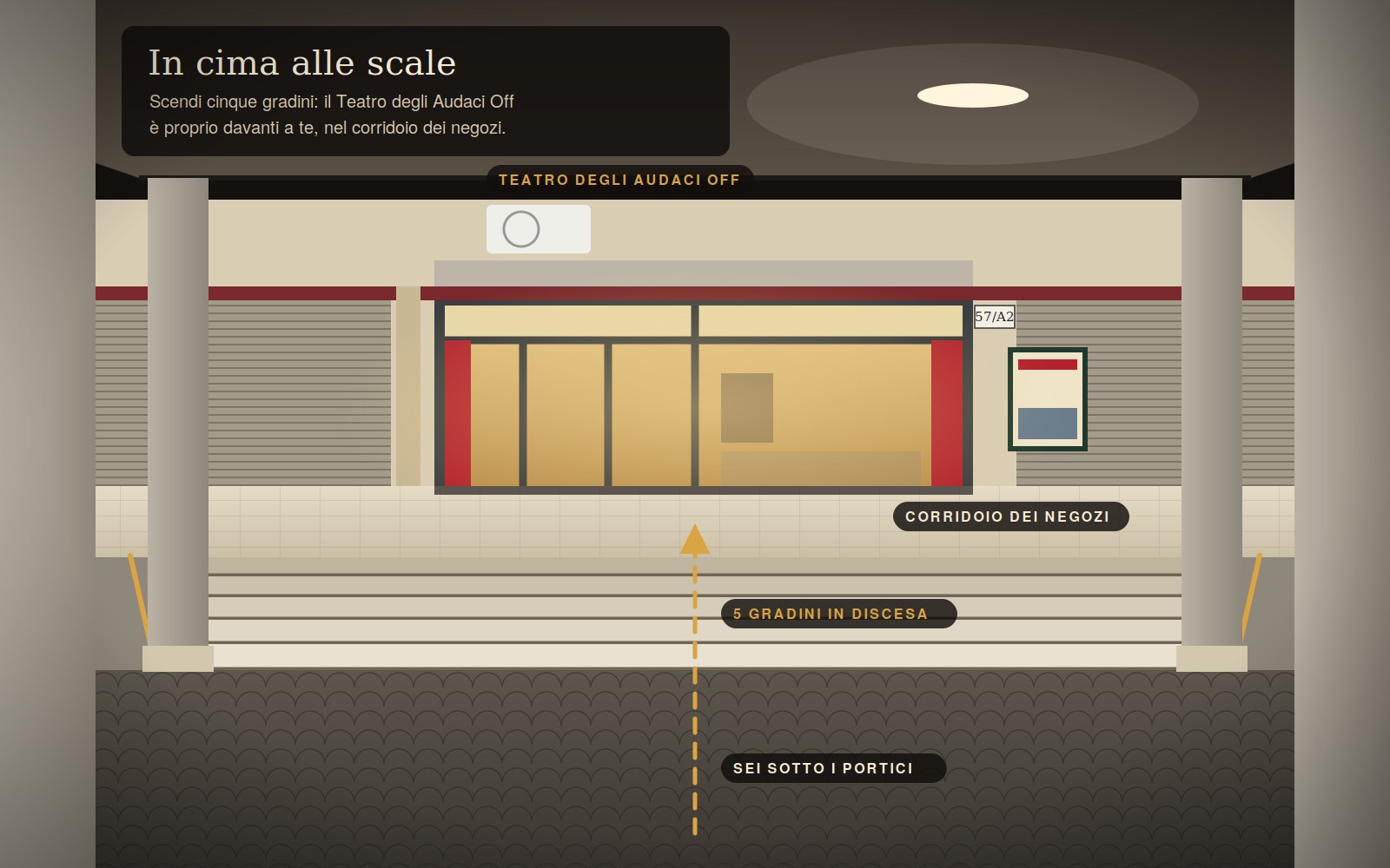 Vista dalla cima delle scale: cinque gradini e, di fronte, la vetrata del Teatro degli Audaci Off nel corridoio dei negozi